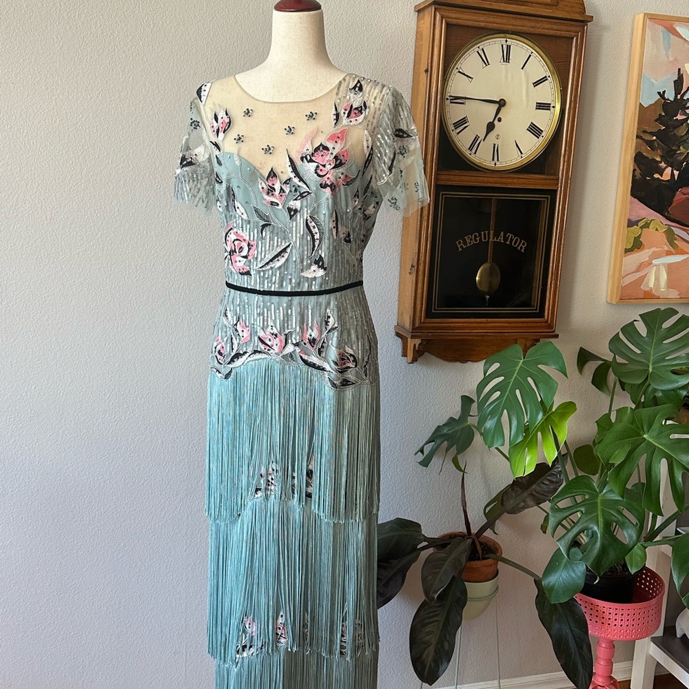 Marchese Notte Fringe Beaded Midi Gown with Illusion Sleeves
